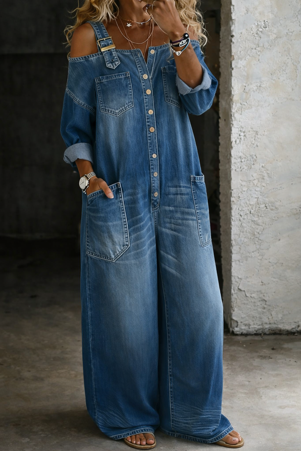 Sofía | Denim Jumpsuit with Off-the-Shoulder Design