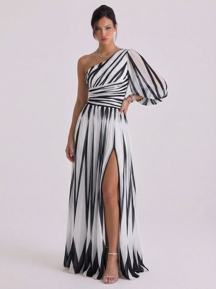 Grace | Chiffon Diagonal Stripe One-Shoulder Gown Balloon Sleeve High-Slit
