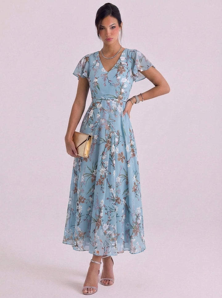 Eliza | Chiffon Floral Print V-Neck Maxi Dress Flutter Sleeve Belted Waist