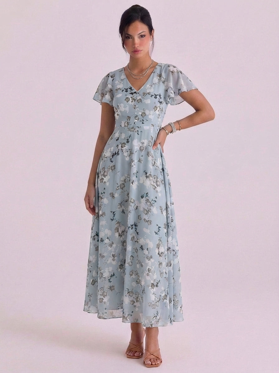 Eliza | Chiffon Floral Print V-Neck Maxi Dress Flutter Sleeve Belted Waist