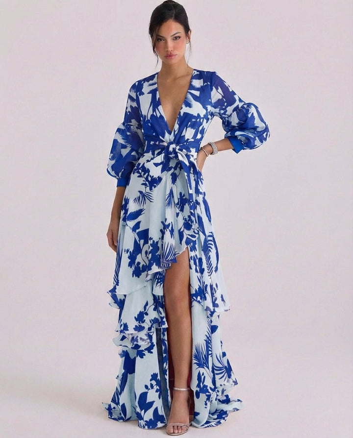 Xena | Chiffon Floral Print Wrap Maxi Gown Balloon Sleeve Tiered Ruffle Skirt
