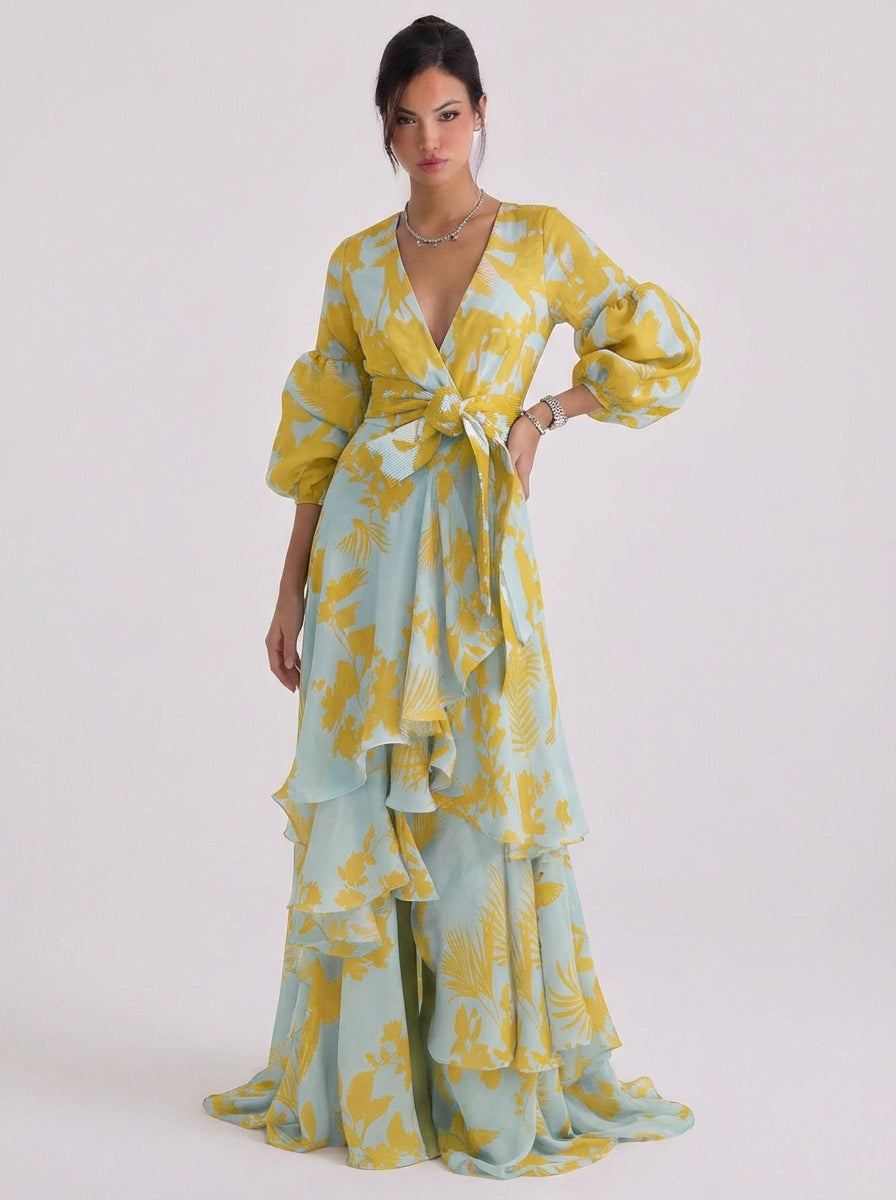 Xena | Chiffon Floral Print Wrap Maxi Gown Balloon Sleeve Tiered Ruffle Skirt