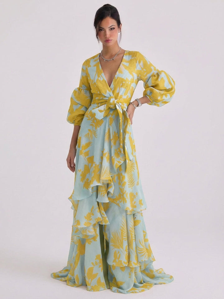 Xena | Chiffon Floral Print Wrap Maxi Gown Balloon Sleeve Tiered Ruffle Skirt