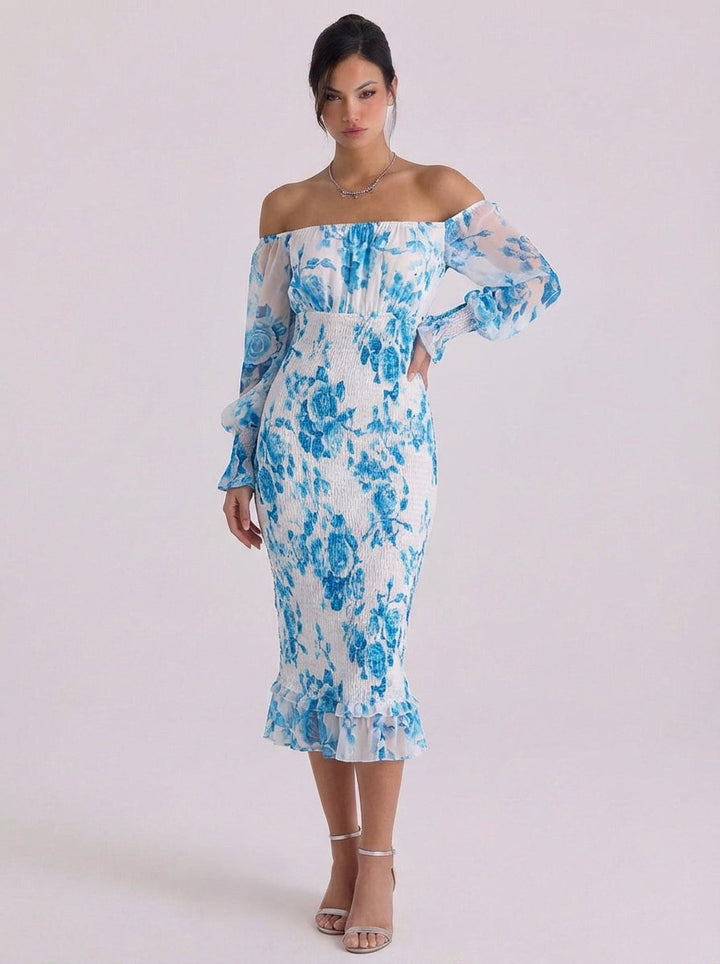 Gloria | Chiffon Off-Shoulder Floral Midi Dress With Smocked Waist