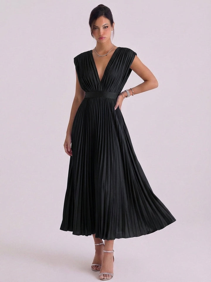 Stacey | Chiffon Pleated V-Neck Midi Dress
