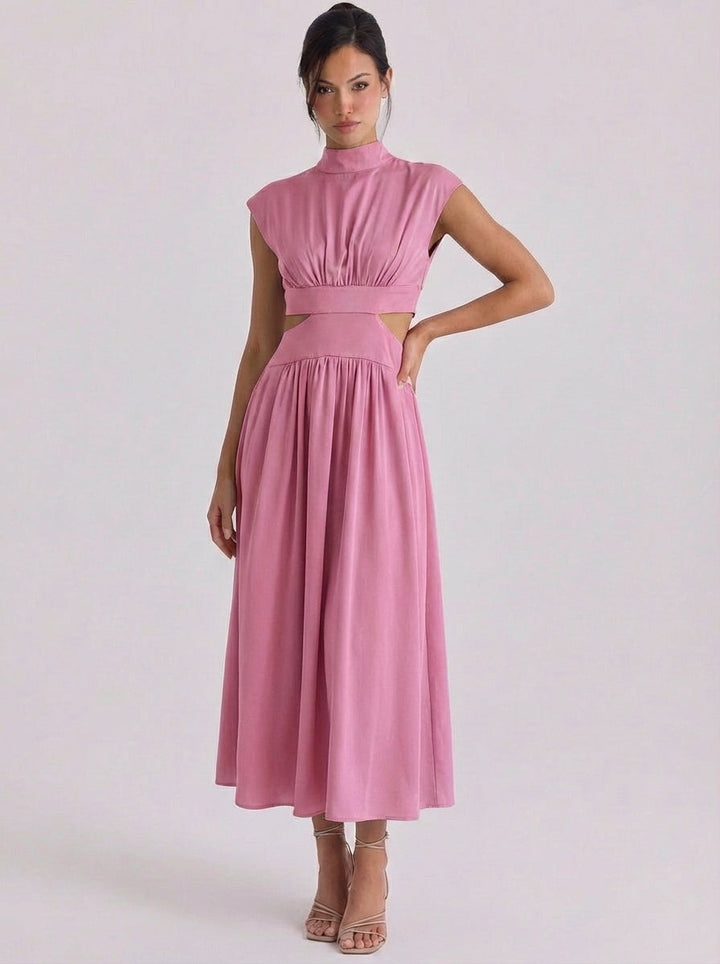 Iris | Cotton Cutout High Neck Midi Dress Cap Sleeve Gathered Waist