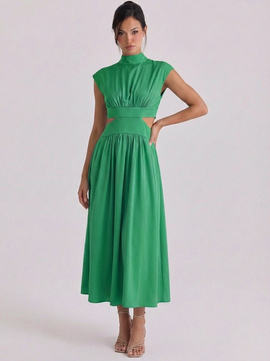 Iris | Cotton Cutout High Neck Midi Dress Cap Sleeve Gathered Waist