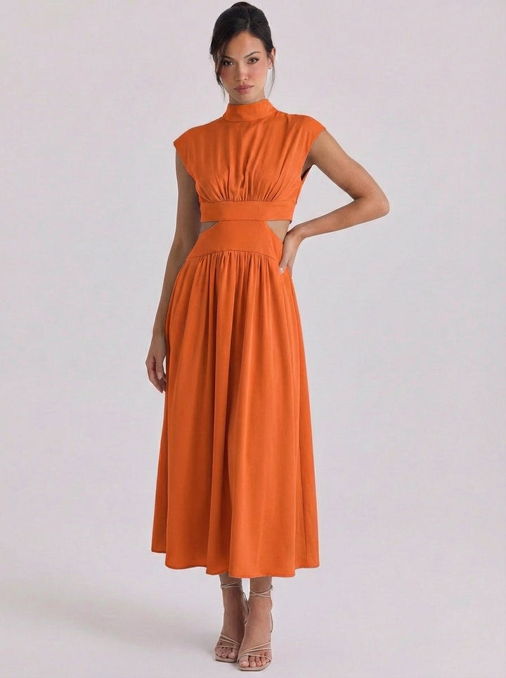 Iris | Cotton Cutout High Neck Midi Dress Cap Sleeve Gathered Waist
