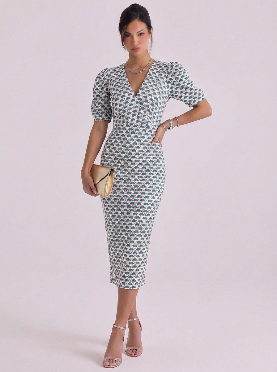 Ayla | Cotton Puff Sleeve Printed Midi Dress