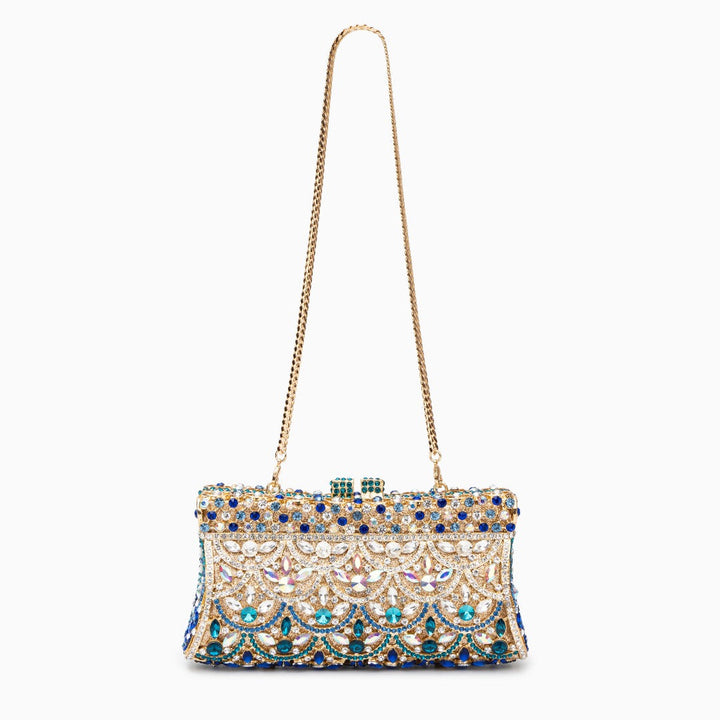Aubrielle | Crystal-Embellished Clutch in Gold-Blue with Sparkling Rhinestones & Ornamental Pattern – Evening Bag for Women