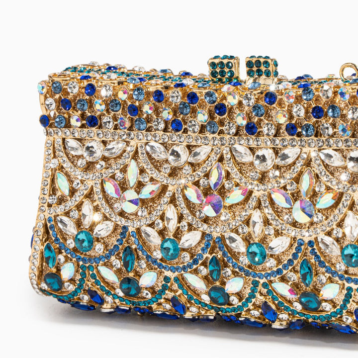 Aubrielle | Crystal-Embellished Clutch in Gold-Blue with Sparkling Rhinestones & Ornamental Pattern – Evening Bag for Women