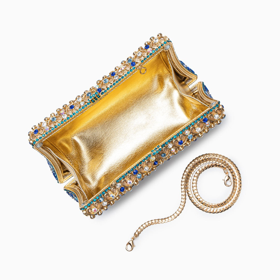 Aubrielle | Crystal-Embellished Clutch in Gold-Blue with Sparkling Rhinestones & Ornamental Pattern – Evening Bag for Women