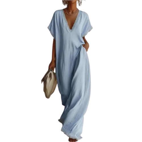 Eveline™ | Elegant Lace-Trim Linen Maxi Dress