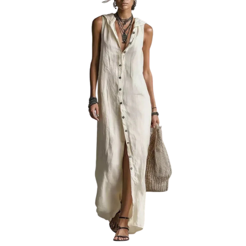 Isadora™ | Elegant Slit Linen Hooded Dress
