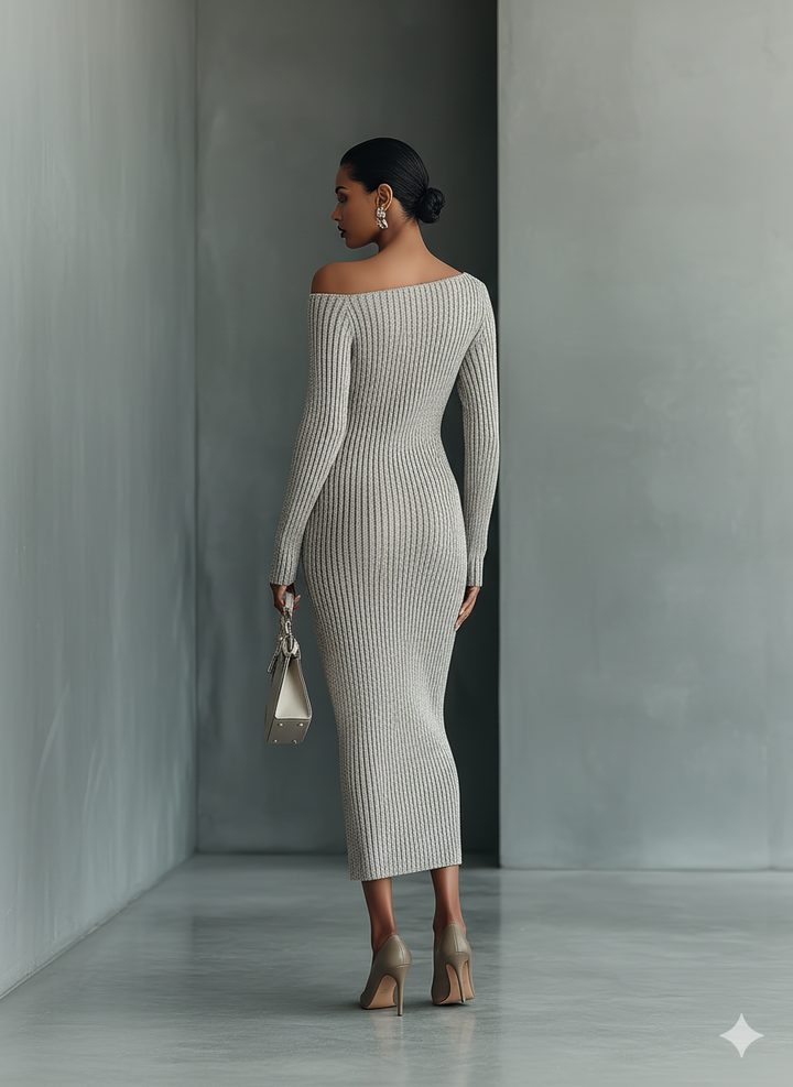 Sophia | Gray One-shoulder Knitted Dress