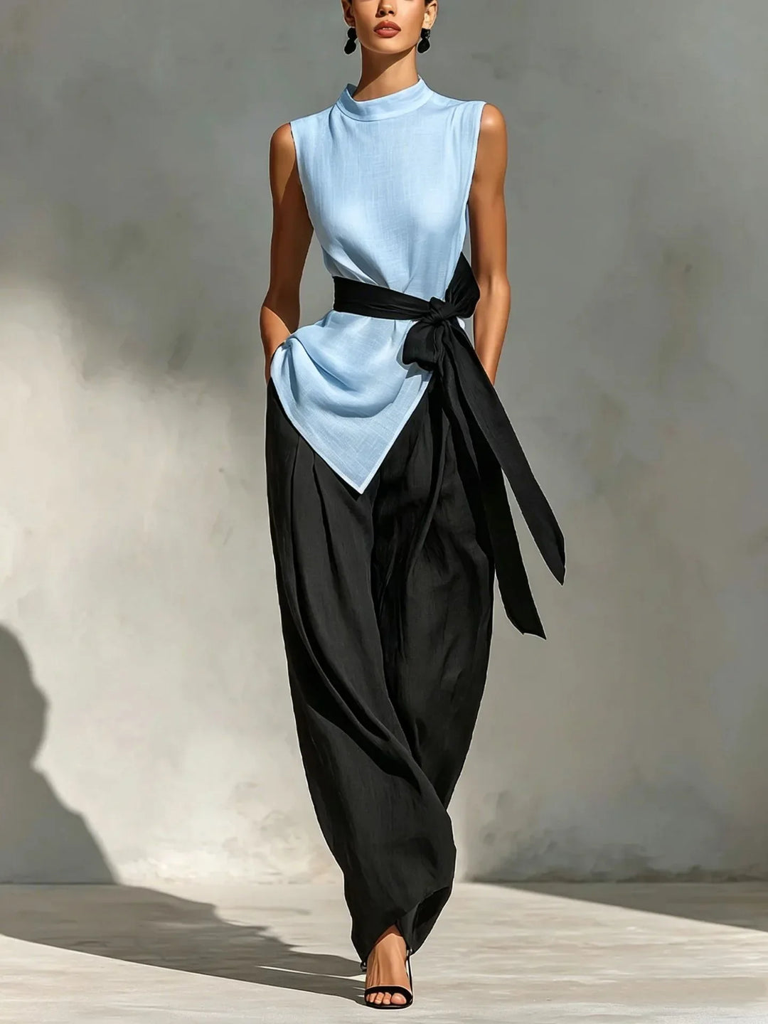 Sofia | Asymmetric Top & Contrast Belt Wide-Leg Set