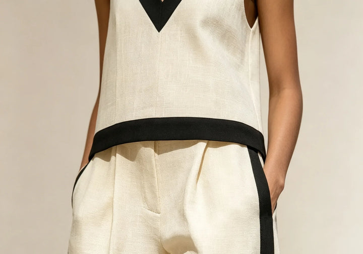 Elara | Cream & Black V-Neck Two-Piece Set