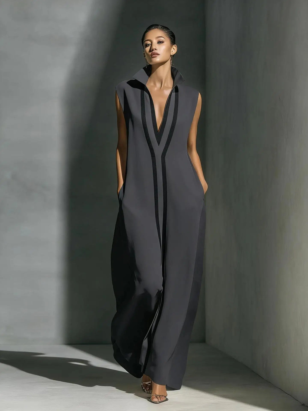 Seraphine | Color Block Stand-Collar Maxi Dress