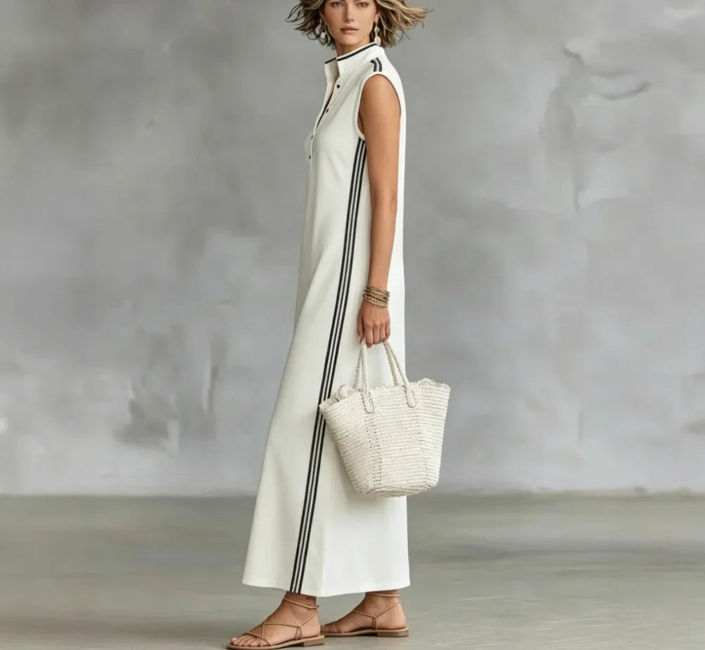 Nadine | Contrast Trim Stand-Collar Maxi Dress