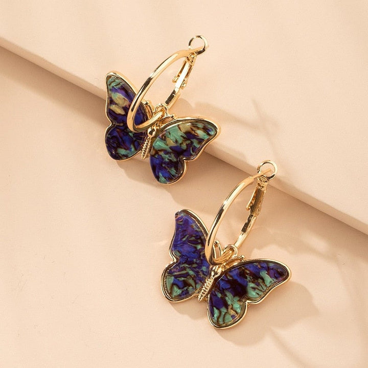 Gold Hoop Earrings with Multicolour Butterflies
