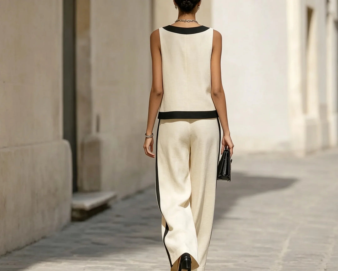 Elara | Cream & Black V-Neck Two-Piece Set