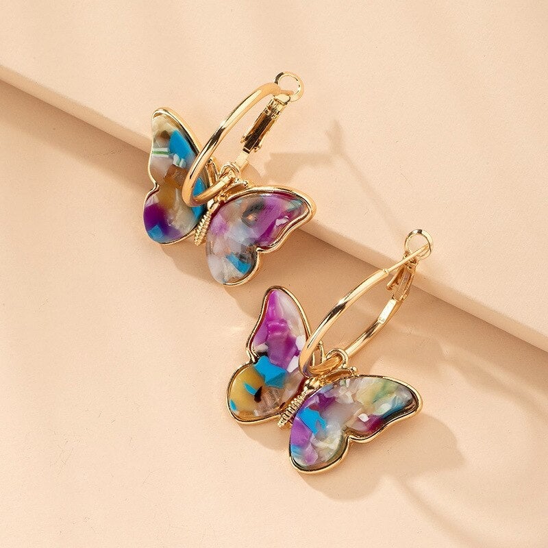 Gold Hoop Earrings with Multicolour Butterflies