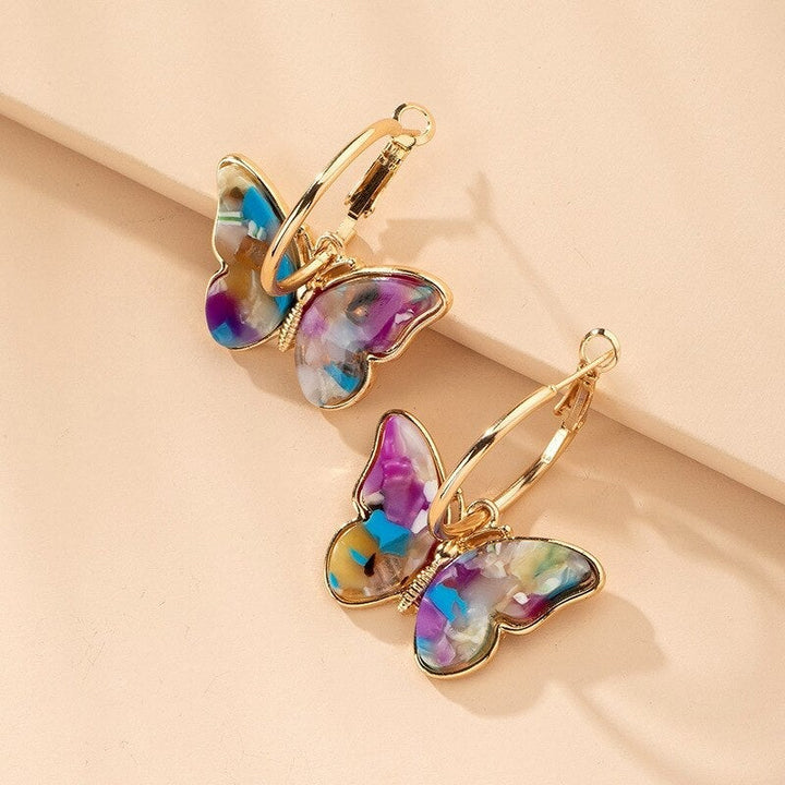 Gold Hoop Earrings with Multicolour Butterflies