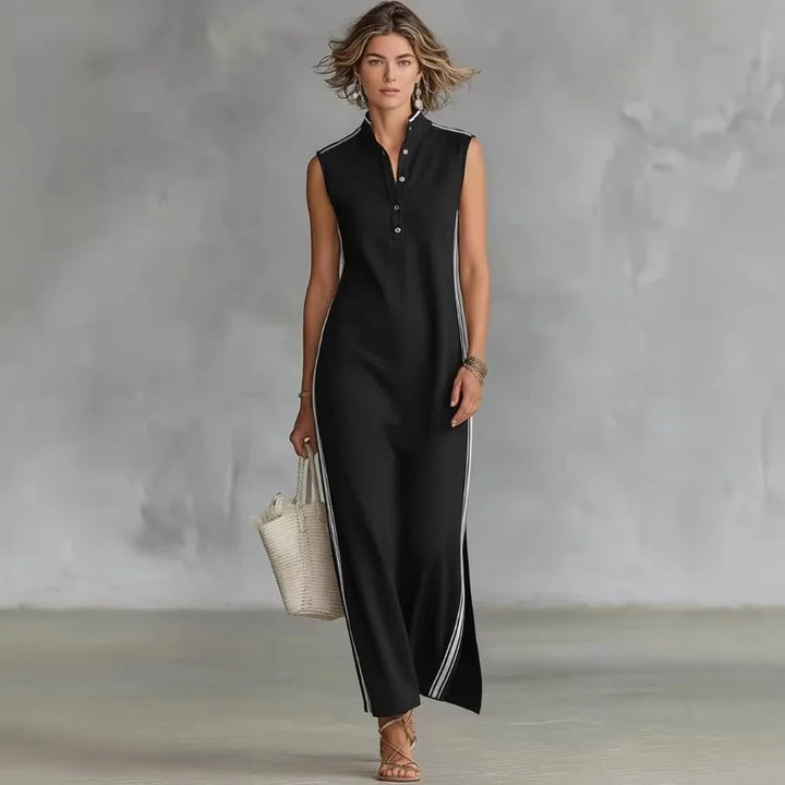 Nadine | Contrast Trim Stand-Collar Maxi Dress