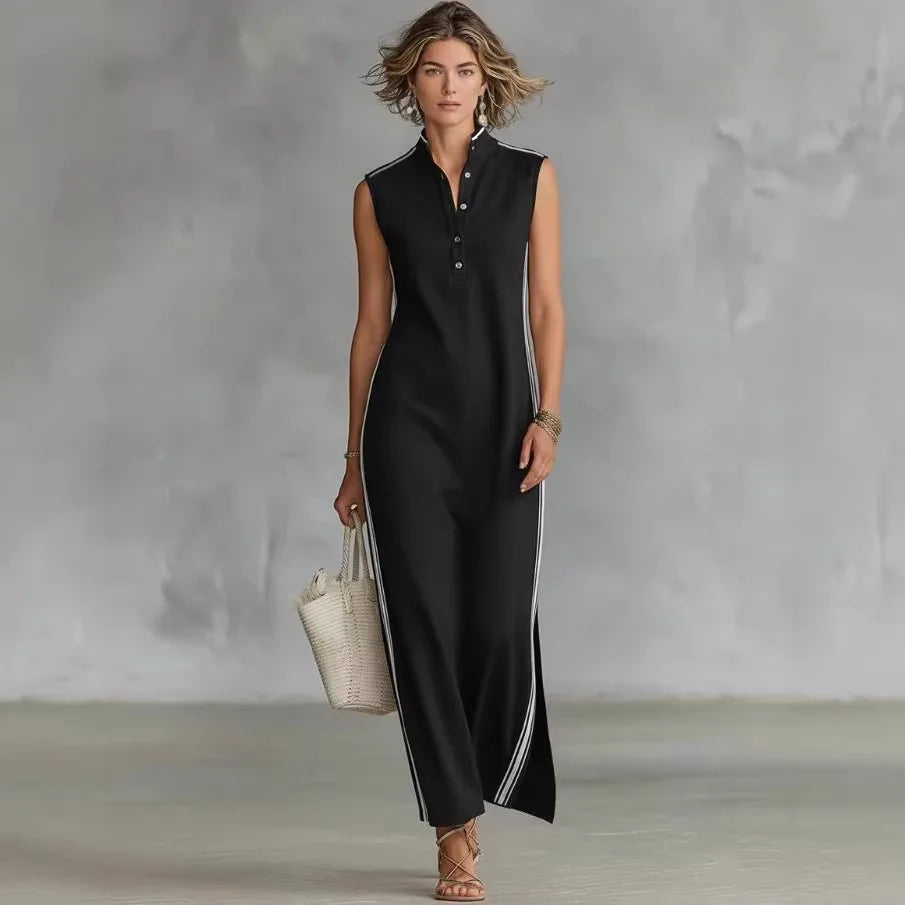 Nadine | Contrast Trim Stand-Collar Maxi Dress