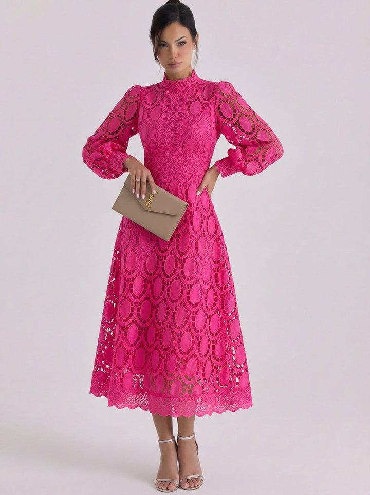 Nadia | Lace High Neck Midi Dress With Puff