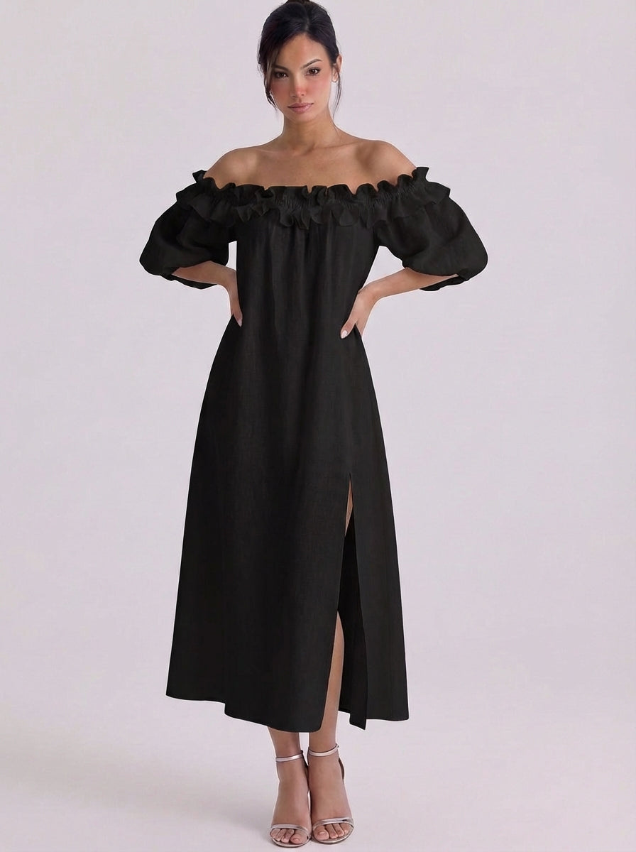 Faith | Linen Off-Shoulder Ruffle Midi Dress With Puff