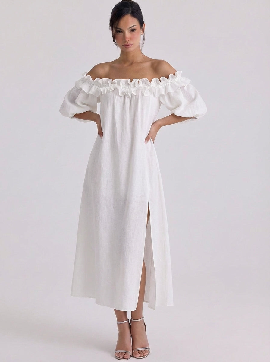 Faith | Linen Off-Shoulder Ruffle Midi Dress With Puff