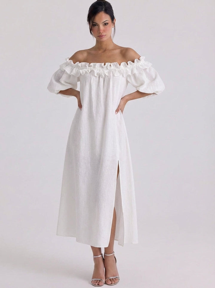 Faith | Linen Off-Shoulder Ruffle Midi Dress With Puff