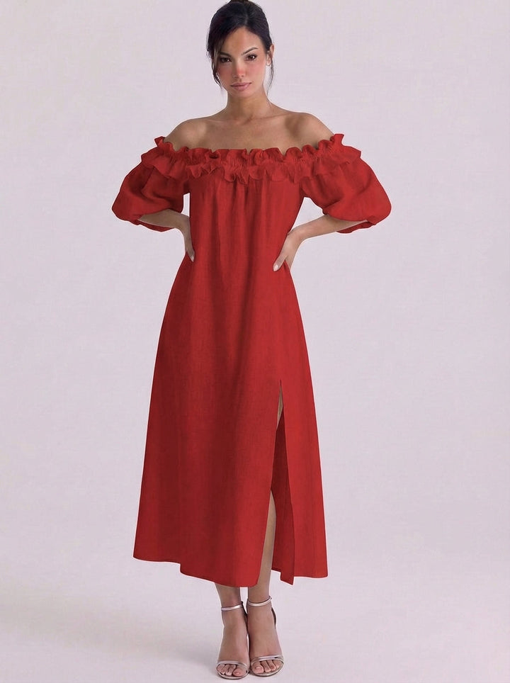 Faith | Linen Off-Shoulder Ruffle Midi Dress With Puff