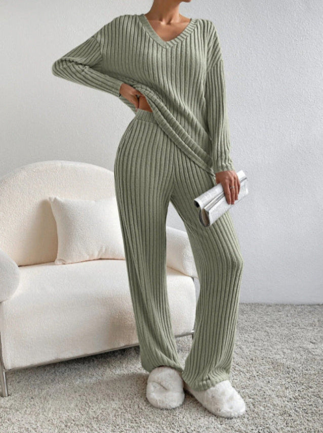 Elma™ | Casual Long Sleeve V-Neck Top and Pants Set