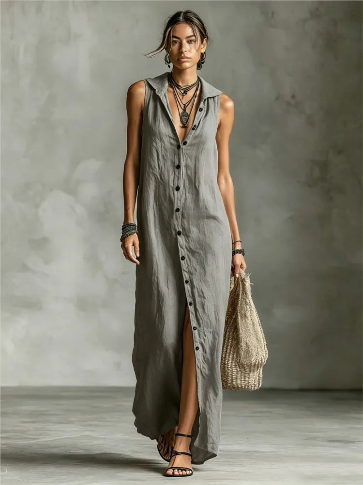 Celeste™ | Elegant Hooded Linen Vest Dress