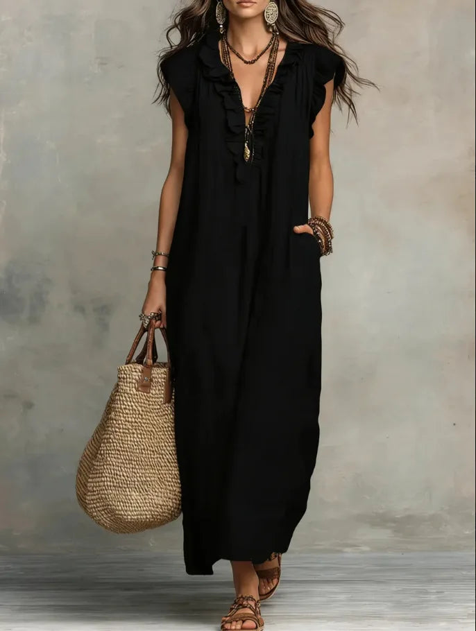 Leonora™ | Elegant Linen V-Neck Pocket Dress