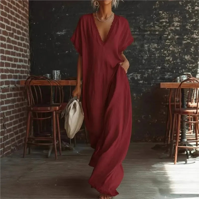 Eveline™ | Elegant Lace-Trim Linen Maxi Dress