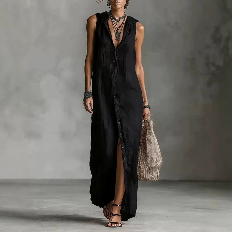 Isadora™ | Elegant Slit Linen Hooded Dress