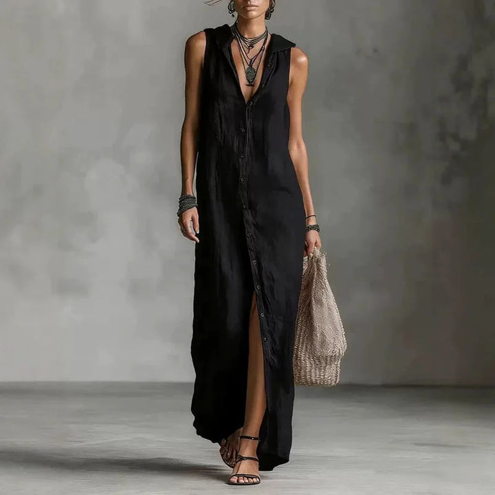 Isadora™ | Elegant Slit Linen Hooded Dress