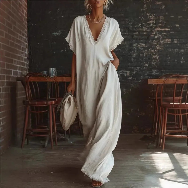 Eveline™ | Elegant Lace-Trim Linen Maxi Dress