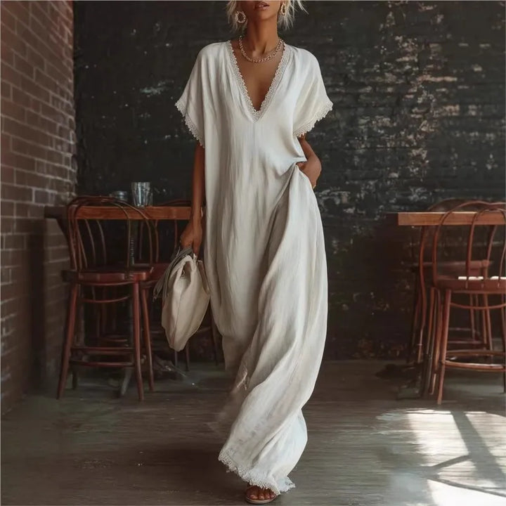 Eveline™ | Elegant Lace-Trim Linen Maxi Dress
