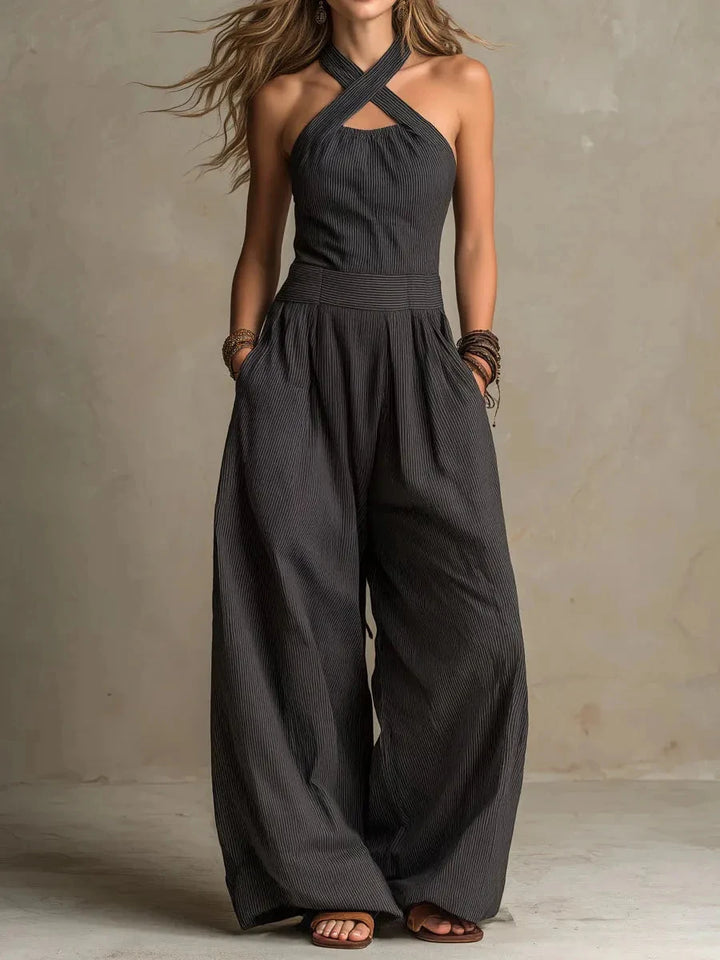 Women's Cross-Neck Halter Design Cotton-Linen Jumpsuit Comfortable Breathable Jumpsuit for Summer