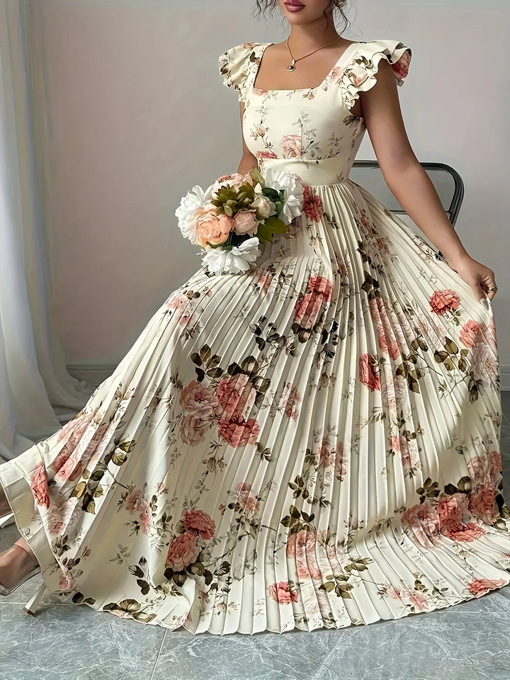 Isabeau | Beige Floral Pleated Midi Dress