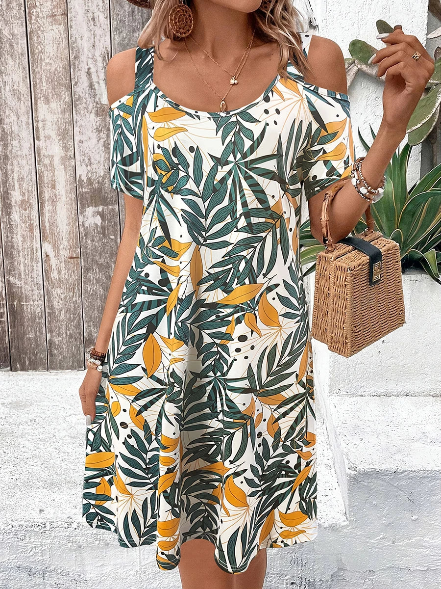 Tessa™ | Tropical Cold-Shoulder Midi Dress