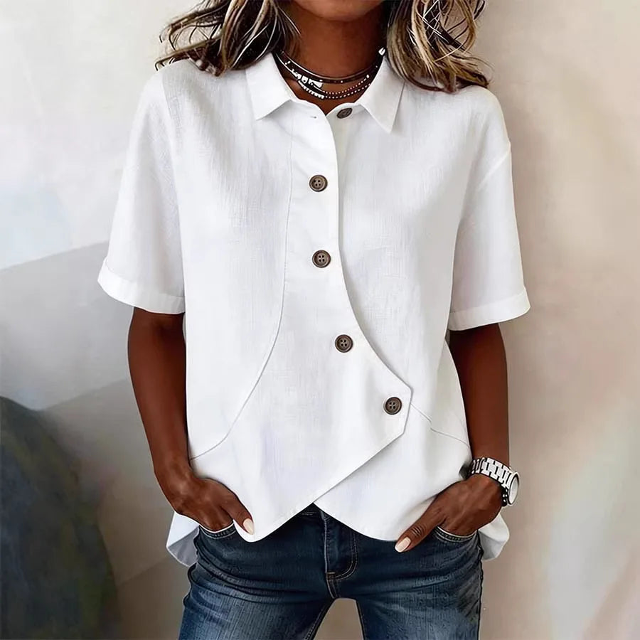 Camisa Feminina Elegante Irregular Lapel Buttoned Short-sleeved Lapel Solid Color Top Women's Summer 2026 Casual All-match Shirt
