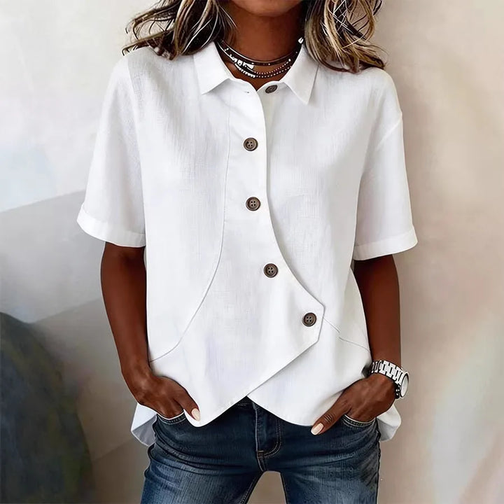 Camisa Feminina Elegante Irregular Lapel Buttoned Short-sleeved Lapel Solid Color Top Women's Summer 2026 Casual All-match Shirt