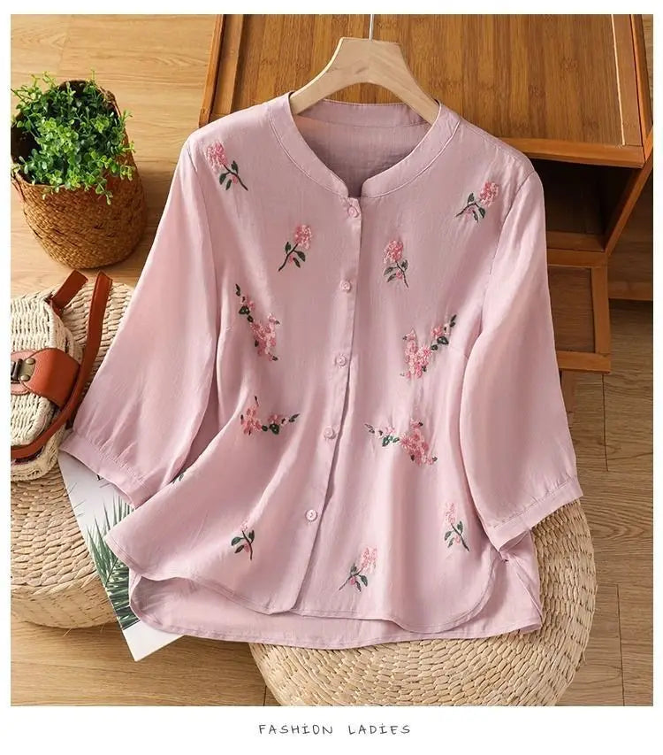 Margot™ | Embroidered Floral Linen Blouse