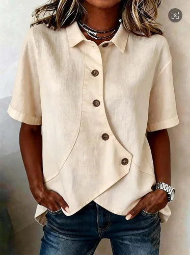 Camisa Feminina Elegante Irregular Lapel Buttoned Short-sleeved Lapel Solid Color Top Women's Summer 2026 Casual All-match Shirt
