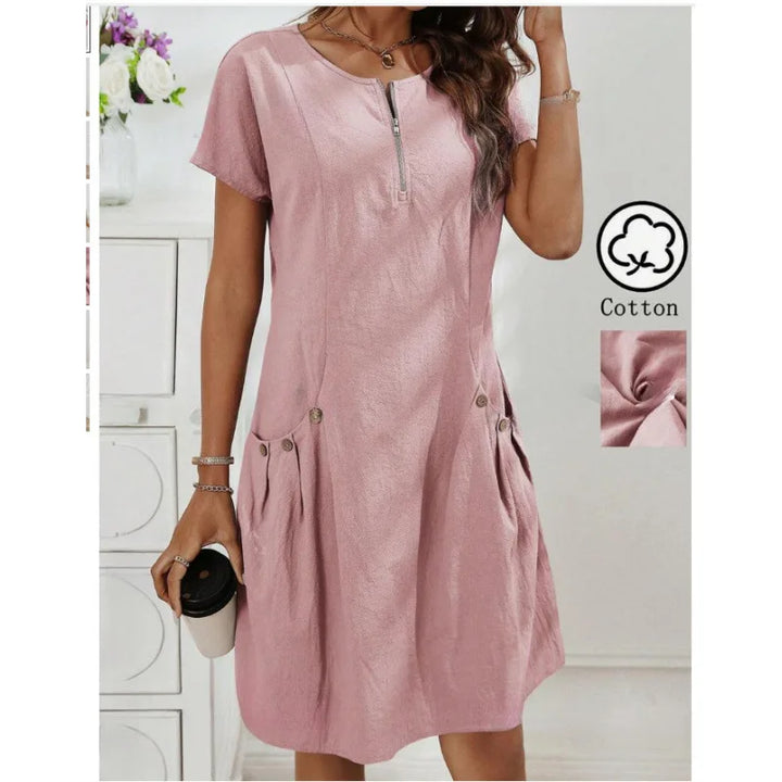 Women's Zip-Collar Pocket Dress — Short Sleeve Summer Knit Cotton Blend Dress